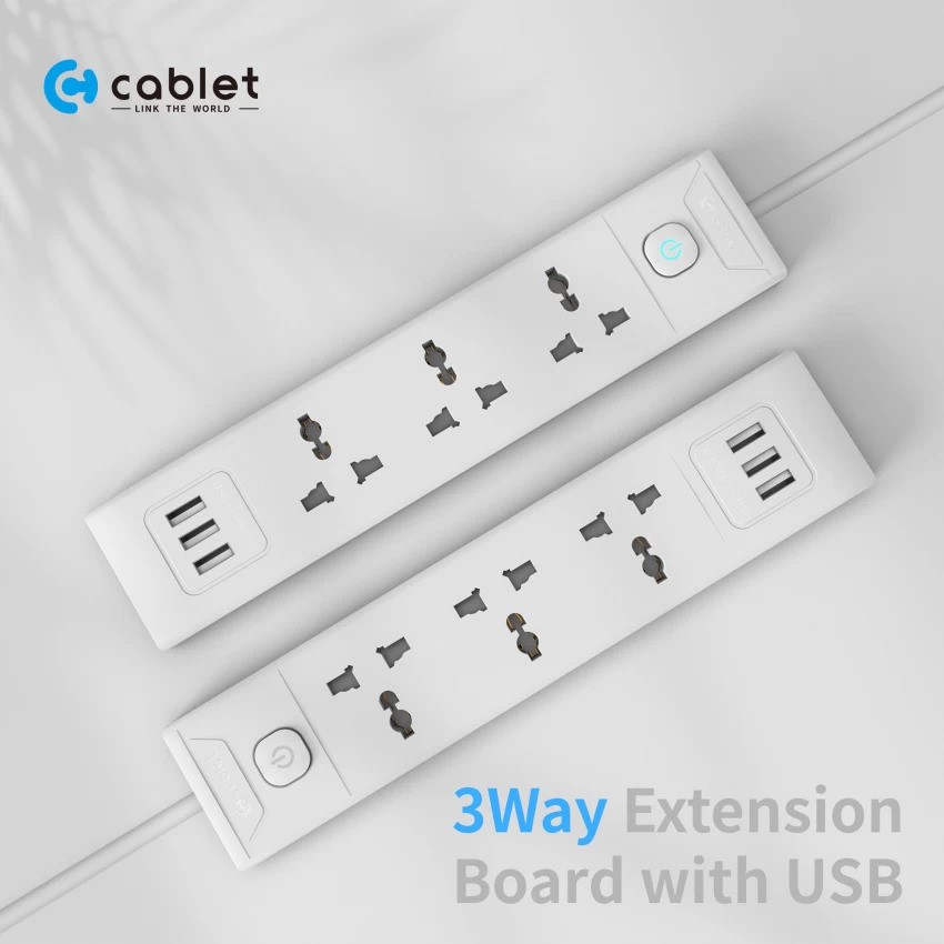 Cablet 3010-18-U - 3 Universal Socket, 1 Switch, 3 USB and 1.8m Cable 3 Socket Extension Boards  (White, 1.8 m, With USB Port)